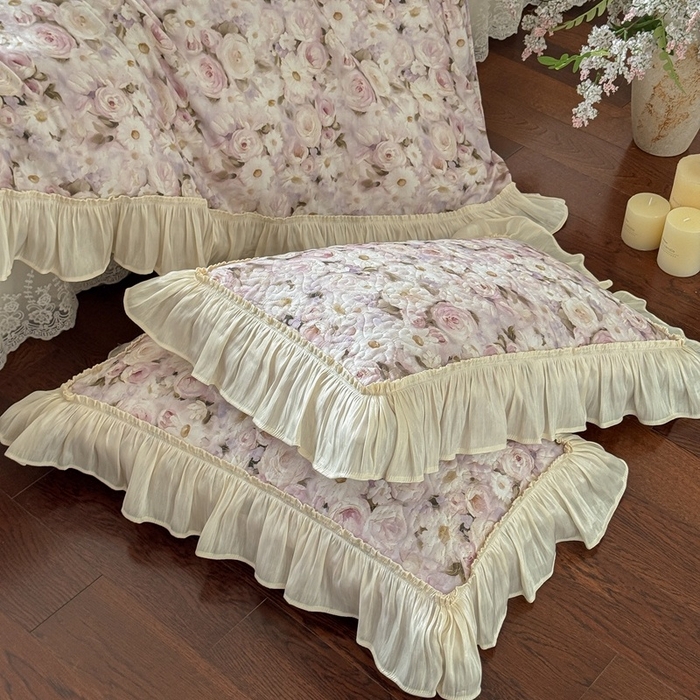 91家纺网 家纺一手货源 找家纺 花香四季家纺 2026新款全棉双层纱床裙三件套 海棠花开-紫