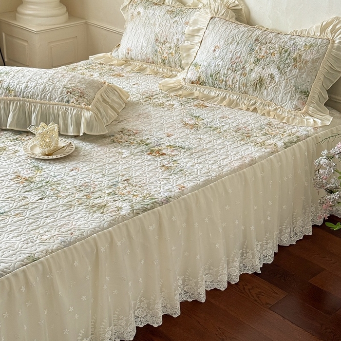 91家纺网 家纺一手货源 找家纺 花香四季家纺 2026新款全棉双层纱床裙三件套 洛丽可