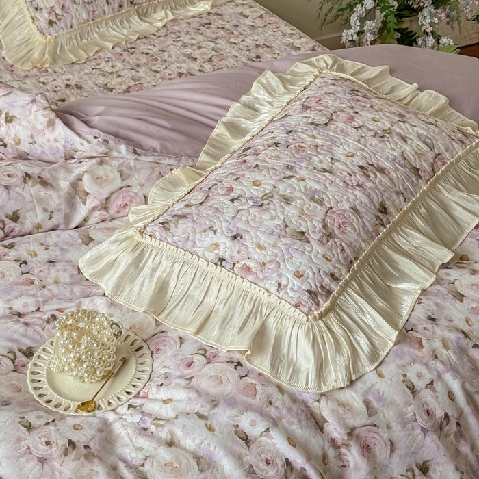 91家纺网 家纺一手货源 找家纺 花香四季家纺 2026新款全棉双层纱床裙三件套 海棠花开-紫