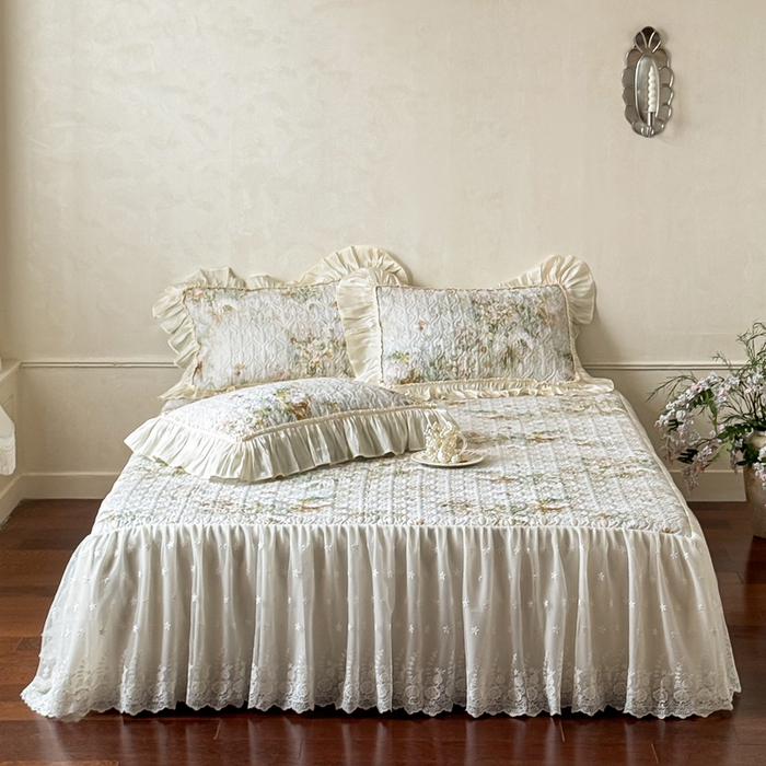 花香四季家纺 2026新款全棉双层纱床裙三件套 洛丽可