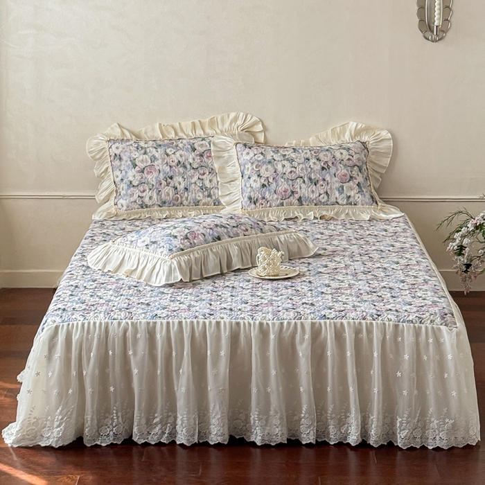 花香四季家纺 2026新款全棉双层纱床裙三件套 海棠花开-绿