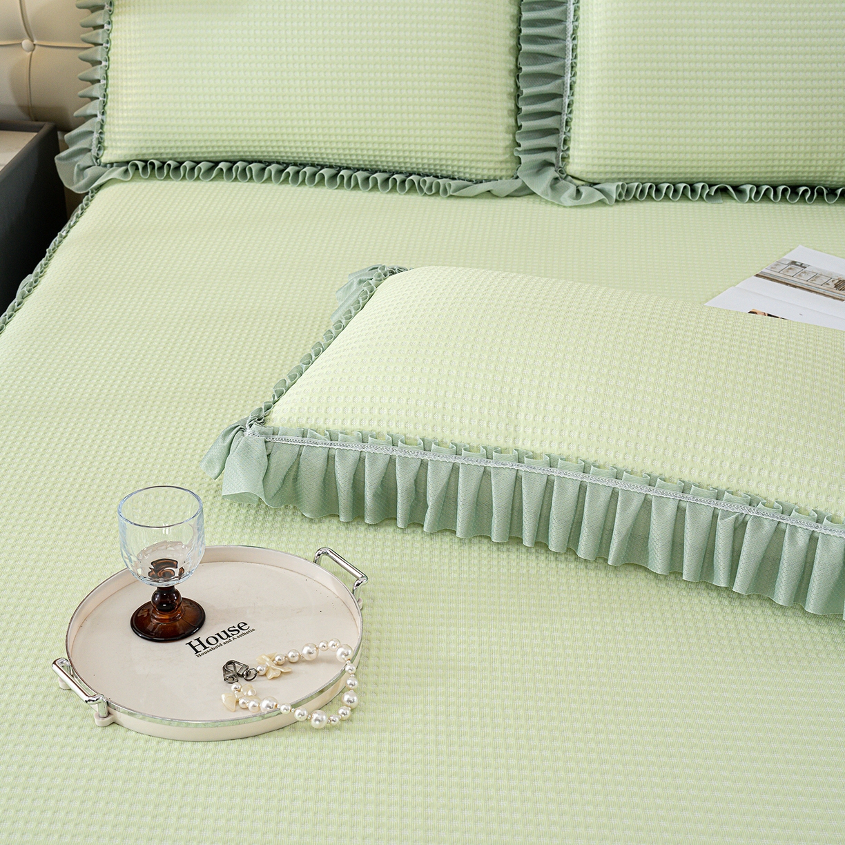 91家纺网 家纺一手货源 找家纺 悦织湾家纺 2026新款床裙款3D华夫格豆豆凉席三件套千鸟阁凉豆豆冰爽夏凉席子三件套 华夫格-果绿