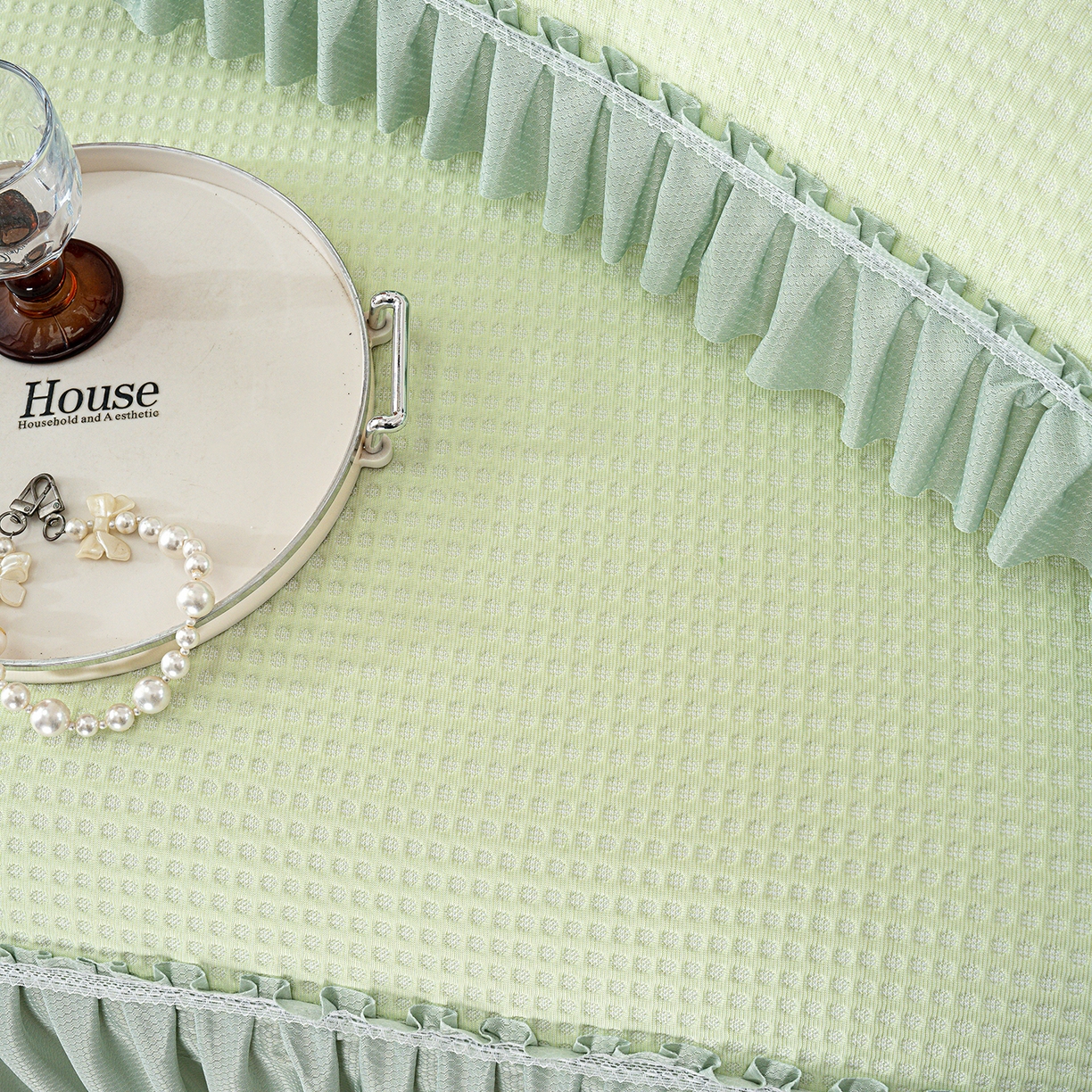 91家纺网 家纺一手货源 找家纺 悦织湾家纺 2026新款床裙款3D华夫格豆豆凉席三件套千鸟阁凉豆豆冰爽夏凉席子三件套 华夫格-果绿