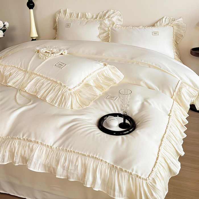 91家纺网 家纺一手货源 找家纺 花香四季家纺 2026新款亲肤天丝棉四件套 奶油白