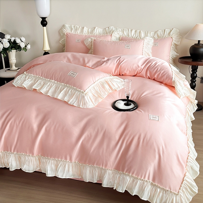 91家纺网 家纺一手货源 找家纺 花香四季家纺 2026新款亲肤天丝棉四件套 少女粉