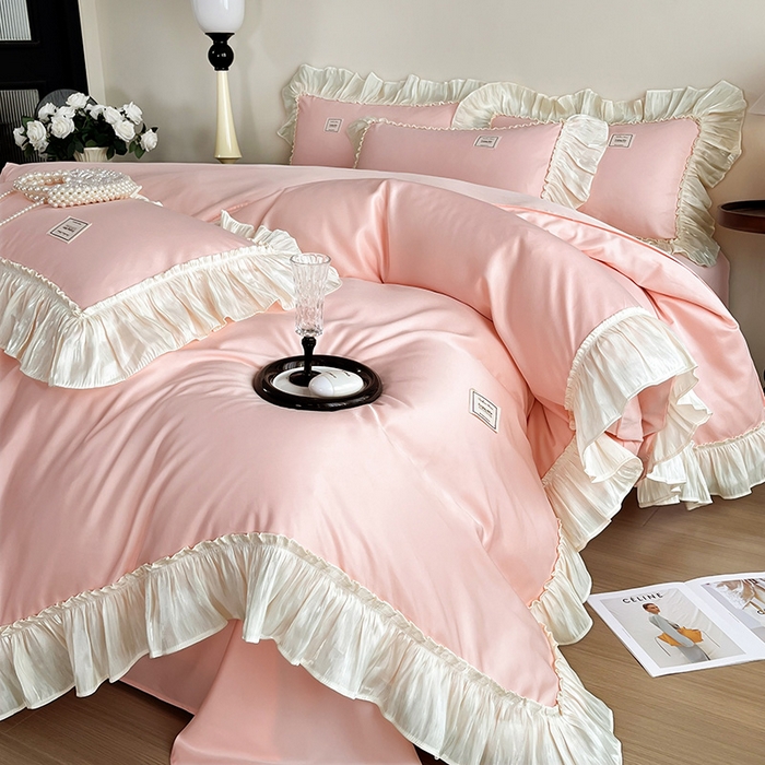 91家纺网 家纺一手货源 找家纺 花香四季家纺 2026新款亲肤天丝棉四件套 少女粉