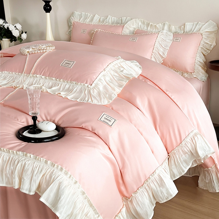 91家纺网 家纺一手货源 找家纺 花香四季家纺 2026新款亲肤天丝棉四件套 少女粉