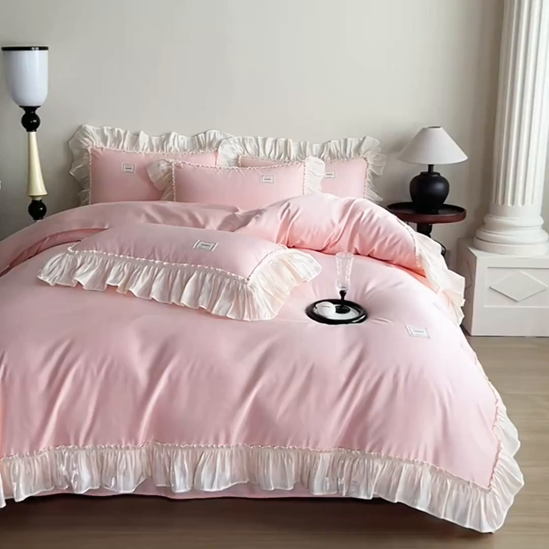 91家纺网 家纺一手货源 找家纺 花香四季家纺 2026新款亲肤天丝棉四件套 少女粉