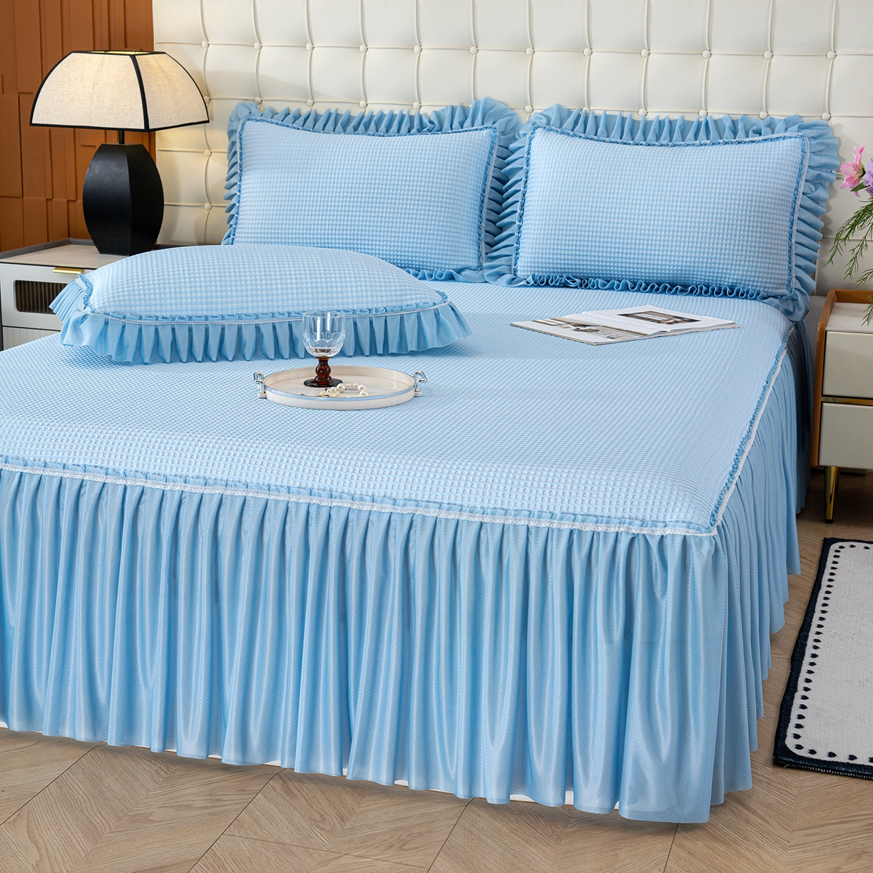 91家纺网 家纺一手货源 找家纺 悦织湾家纺 2026新款床裙款3D华夫格豆豆凉席三件套千鸟阁凉豆豆冰爽夏凉席子三件套 华夫格-天蓝