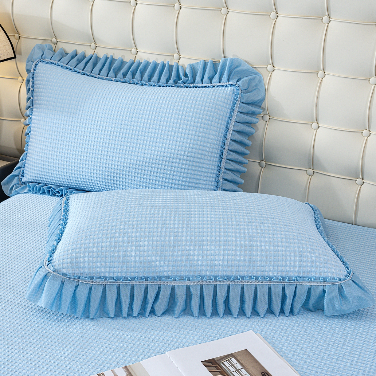 91家纺网 家纺一手货源 找家纺 悦织湾家纺 2026新款床裙款3D华夫格豆豆凉席三件套千鸟阁凉豆豆冰爽夏凉席子三件套 华夫格-天蓝