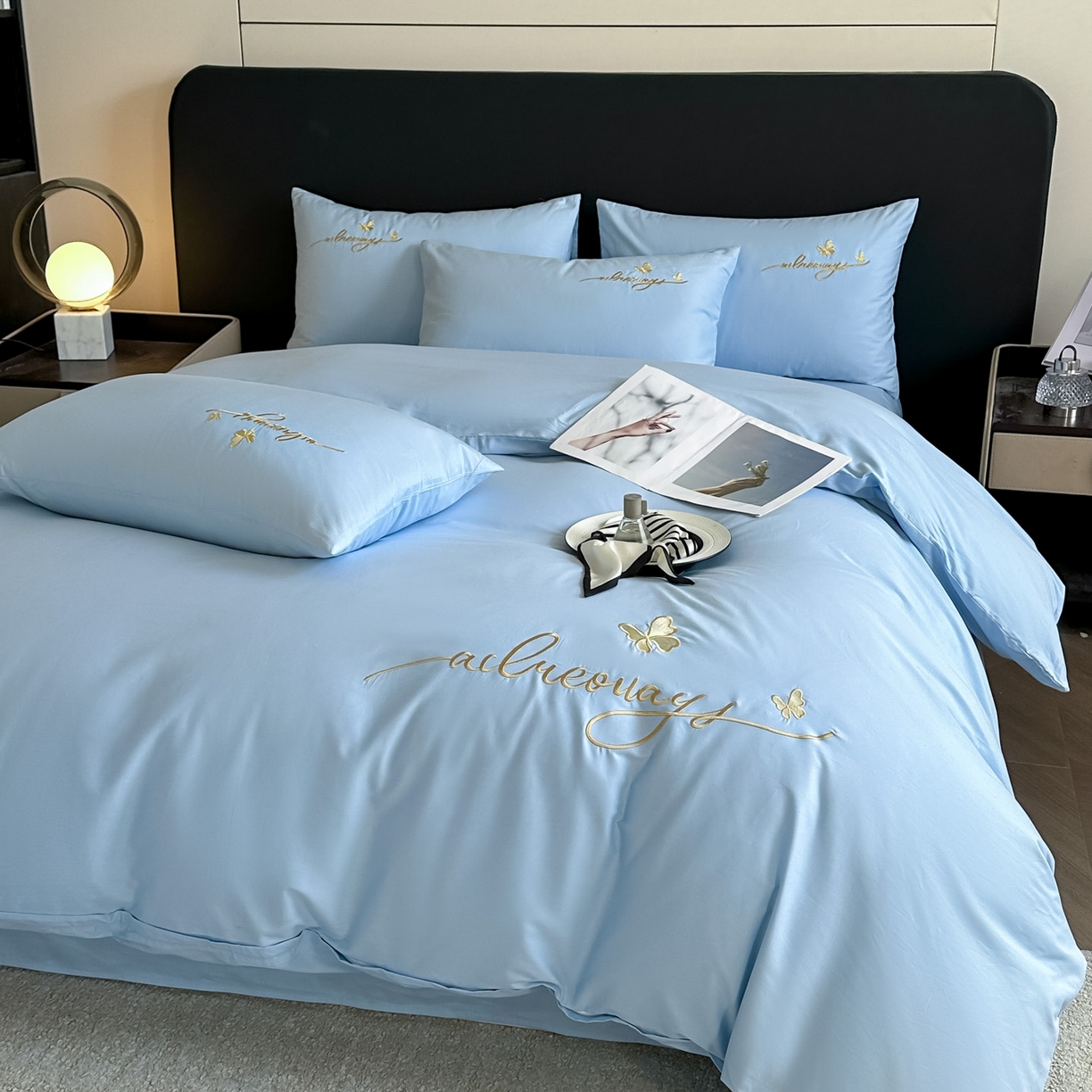 湘雪家居 2026新款纯棉全棉长绒棉刺绣绣花高端礼盒四件套-蝶恋系列 舞蝶-天蓝