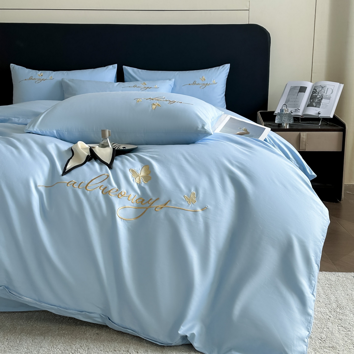 91家纺网 家纺一手货源 找家纺 湘雪家居 2026新款纯棉全棉长绒棉刺绣绣花高端礼盒四件套-蝶恋系列 舞蝶-天蓝