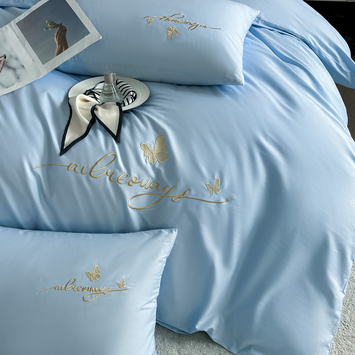 91家纺网 家纺一手货源 找家纺 湘雪家居 2026新款纯棉全棉长绒棉刺绣绣花高端礼盒四件套-蝶恋系列 舞蝶-天蓝