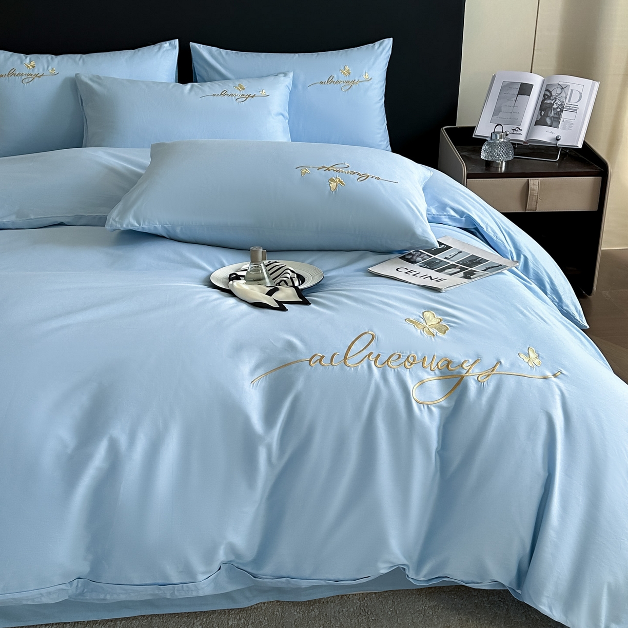 91家纺网 家纺一手货源 找家纺 湘雪家居 2026新款纯棉全棉长绒棉刺绣绣花高端礼盒四件套-蝶恋系列 舞蝶-天蓝