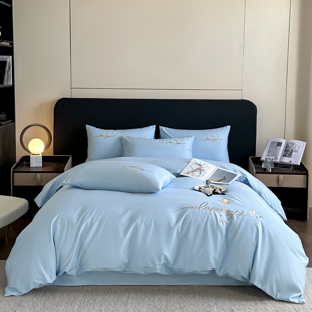 91家纺网 家纺一手货源 找家纺 湘雪家居 2026新款纯棉全棉长绒棉刺绣绣花高端礼盒四件套-蝶恋系列 舞蝶-天蓝