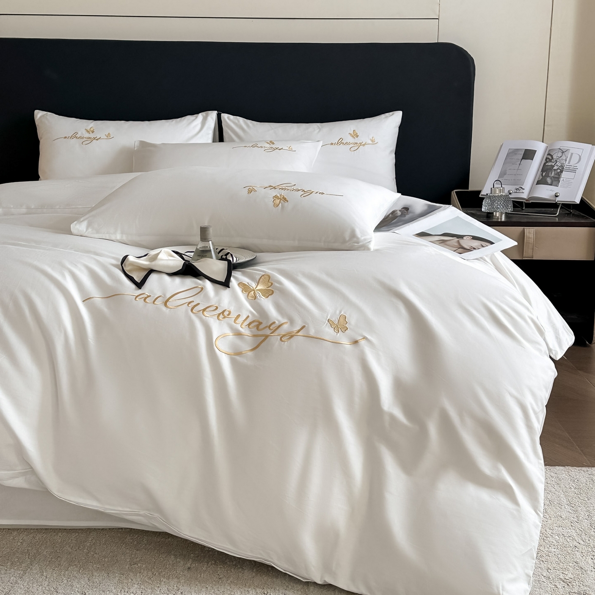 91家纺网 家纺一手货源 找家纺 湘雪家居 2026新款纯棉全棉长绒棉刺绣绣花高端礼盒四件套-蝶恋系列 舞蝶-玉白