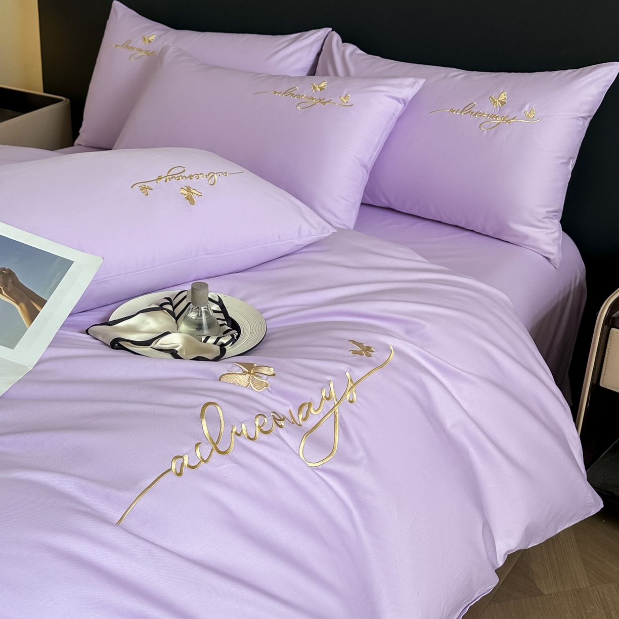 91家纺网 家纺一手货源 找家纺 湘雪家居 2026新款纯棉全棉长绒棉刺绣绣花高端礼盒四件套-蝶恋系列 舞蝶-淡紫