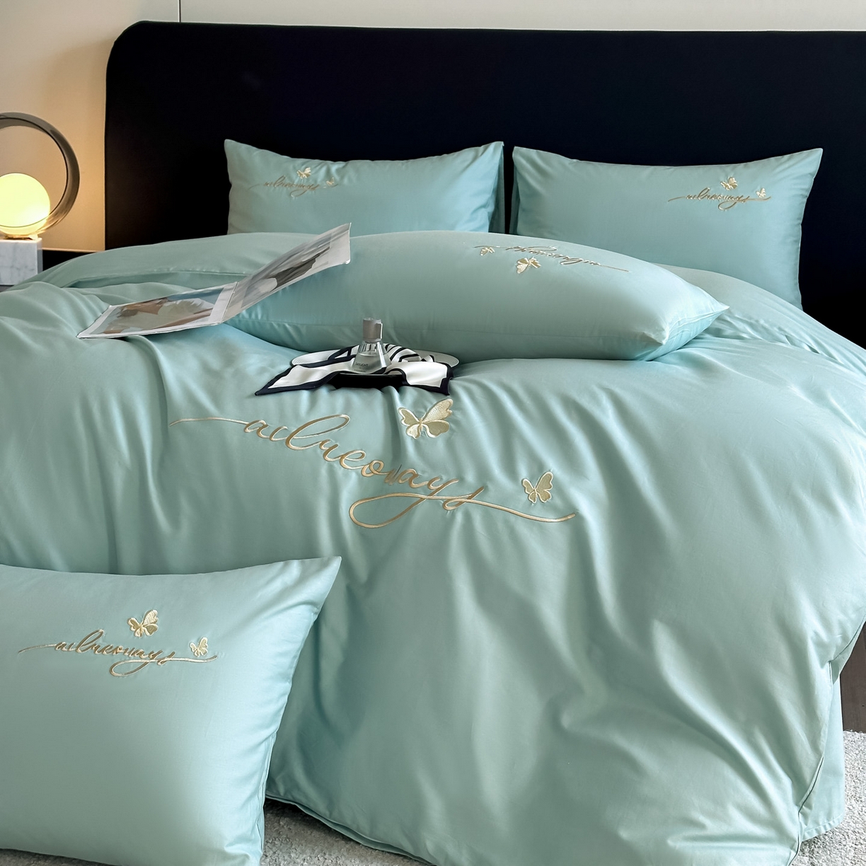 91家纺网 家纺一手货源 找家纺 湘雪家居 2026新款纯棉全棉长绒棉刺绣绣花高端礼盒四件套-蝶恋系列 舞蝶-水绿