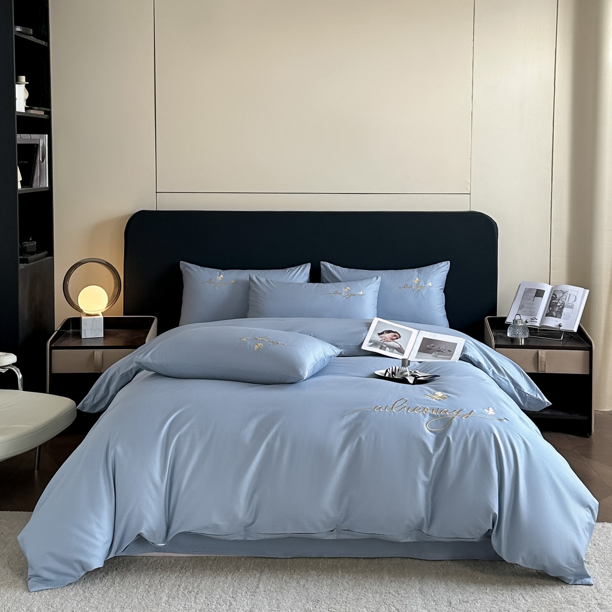 91家纺网 家纺一手货源 找家纺 湘雪家居 2026新款纯棉全棉长绒棉刺绣绣花高端礼盒四件套-蝶恋系列 舞蝶-海蓝