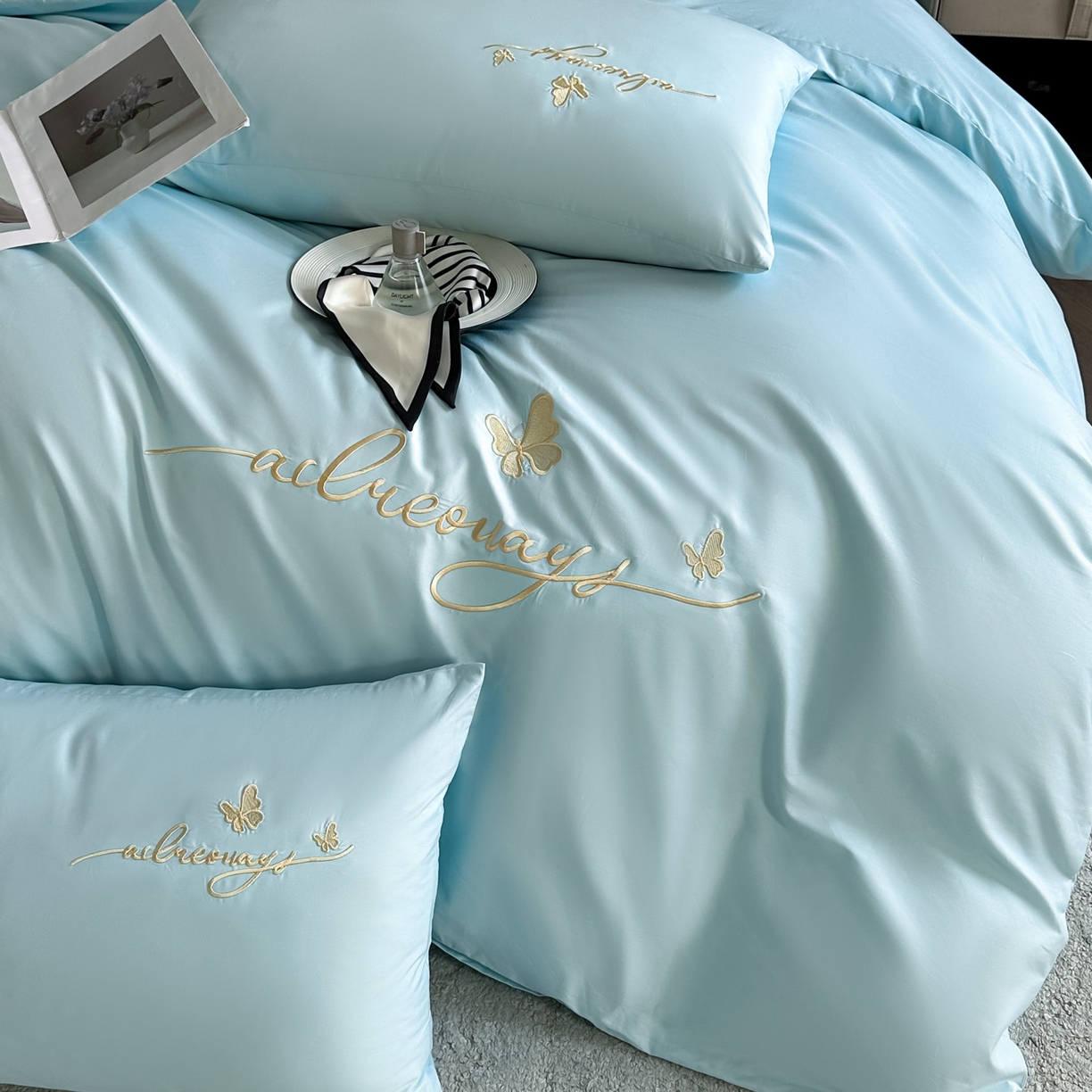 91家纺网 家纺一手货源 找家纺 湘雪家居 2026新款纯棉全棉长绒棉刺绣绣花高端礼盒四件套-蝶恋系列 舞蝶-天青