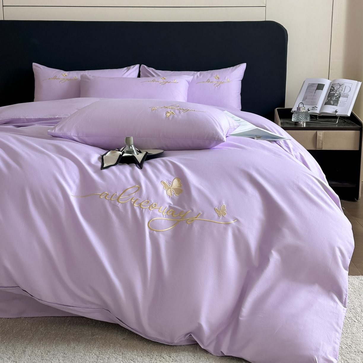 91家纺网 家纺一手货源 找家纺 湘雪家居 2026新款纯棉全棉长绒棉刺绣绣花高端礼盒四件套-蝶恋系列 舞蝶-淡紫