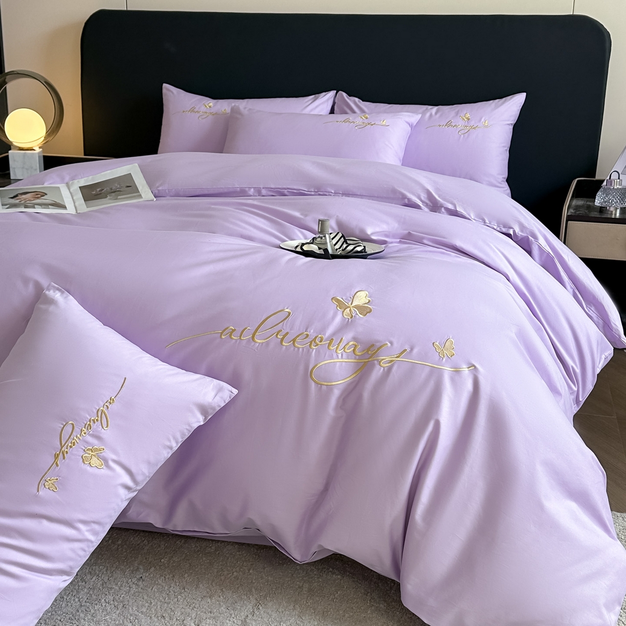 91家纺网 家纺一手货源 找家纺 湘雪家居 2026新款纯棉全棉长绒棉刺绣绣花高端礼盒四件套-蝶恋系列 舞蝶-淡紫