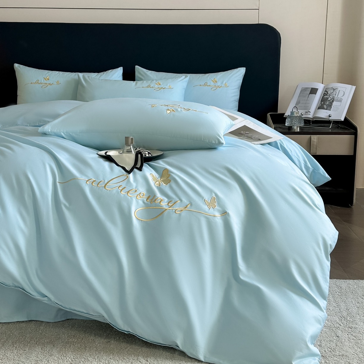 91家纺网 家纺一手货源 找家纺 湘雪家居 2026新款纯棉全棉长绒棉刺绣绣花高端礼盒四件套-蝶恋系列 舞蝶-天青