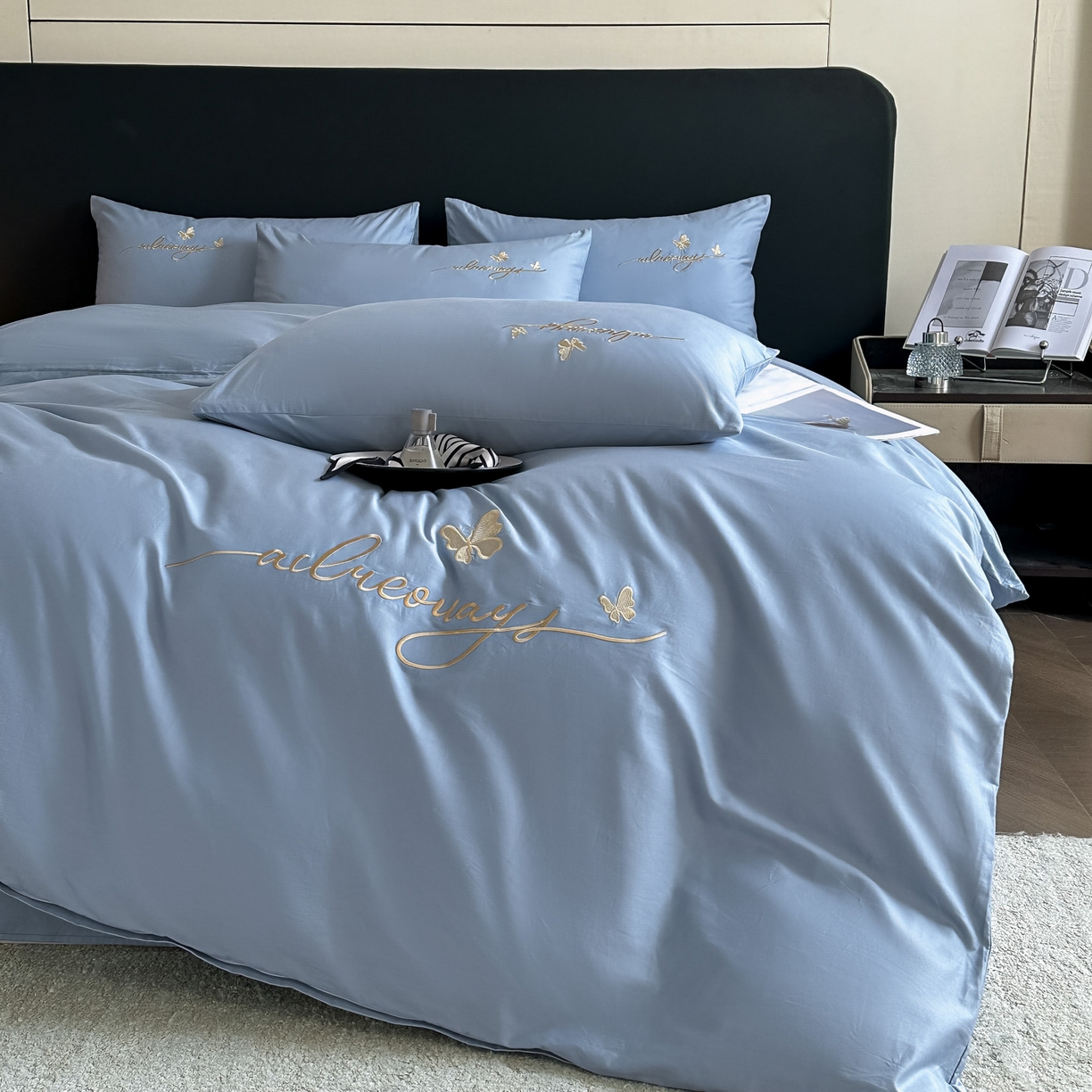 91家纺网 家纺一手货源 找家纺 湘雪家居 2026新款纯棉全棉长绒棉刺绣绣花高端礼盒四件套-蝶恋系列 舞蝶-海蓝