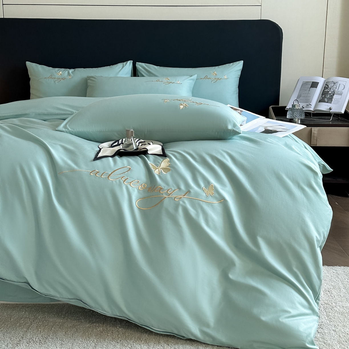 91家纺网 家纺一手货源 找家纺 湘雪家居 2026新款纯棉全棉长绒棉刺绣绣花高端礼盒四件套-蝶恋系列 舞蝶-水绿