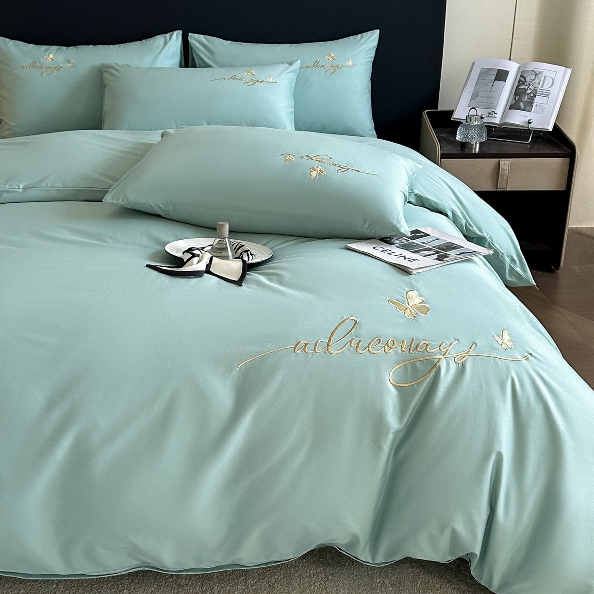 91家纺网 家纺一手货源 找家纺 湘雪家居 2026新款纯棉全棉长绒棉刺绣绣花高端礼盒四件套-蝶恋系列 舞蝶-水绿