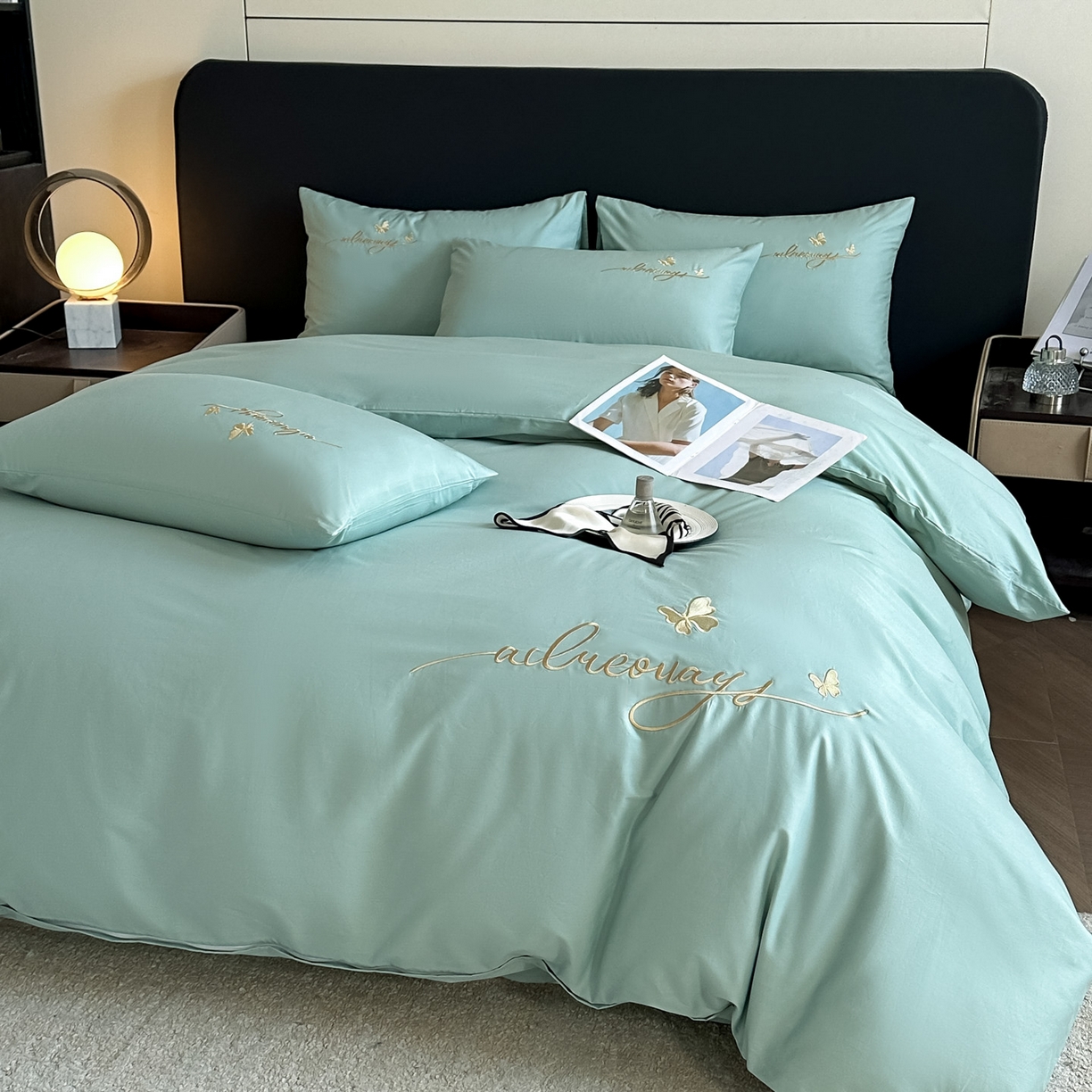 湘雪家居 2026新款纯棉全棉长绒棉刺绣绣花高端礼盒四件套-蝶恋系列 舞蝶-水绿