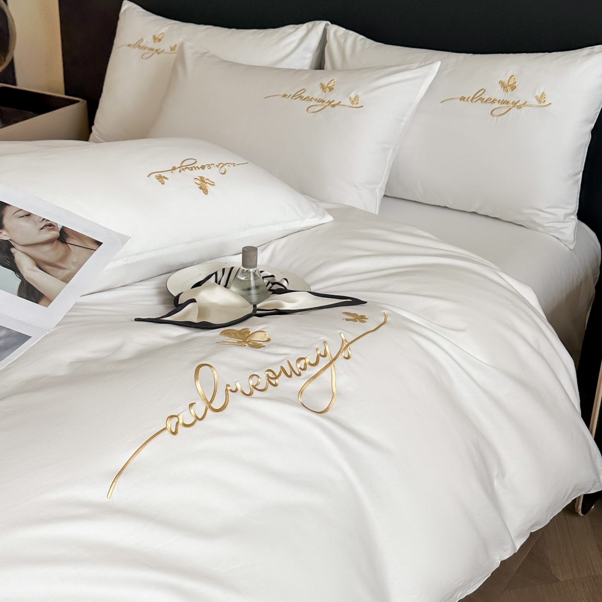 91家纺网 家纺一手货源 找家纺 湘雪家居 2026新款纯棉全棉长绒棉刺绣绣花高端礼盒四件套-蝶恋系列 舞蝶-玉白