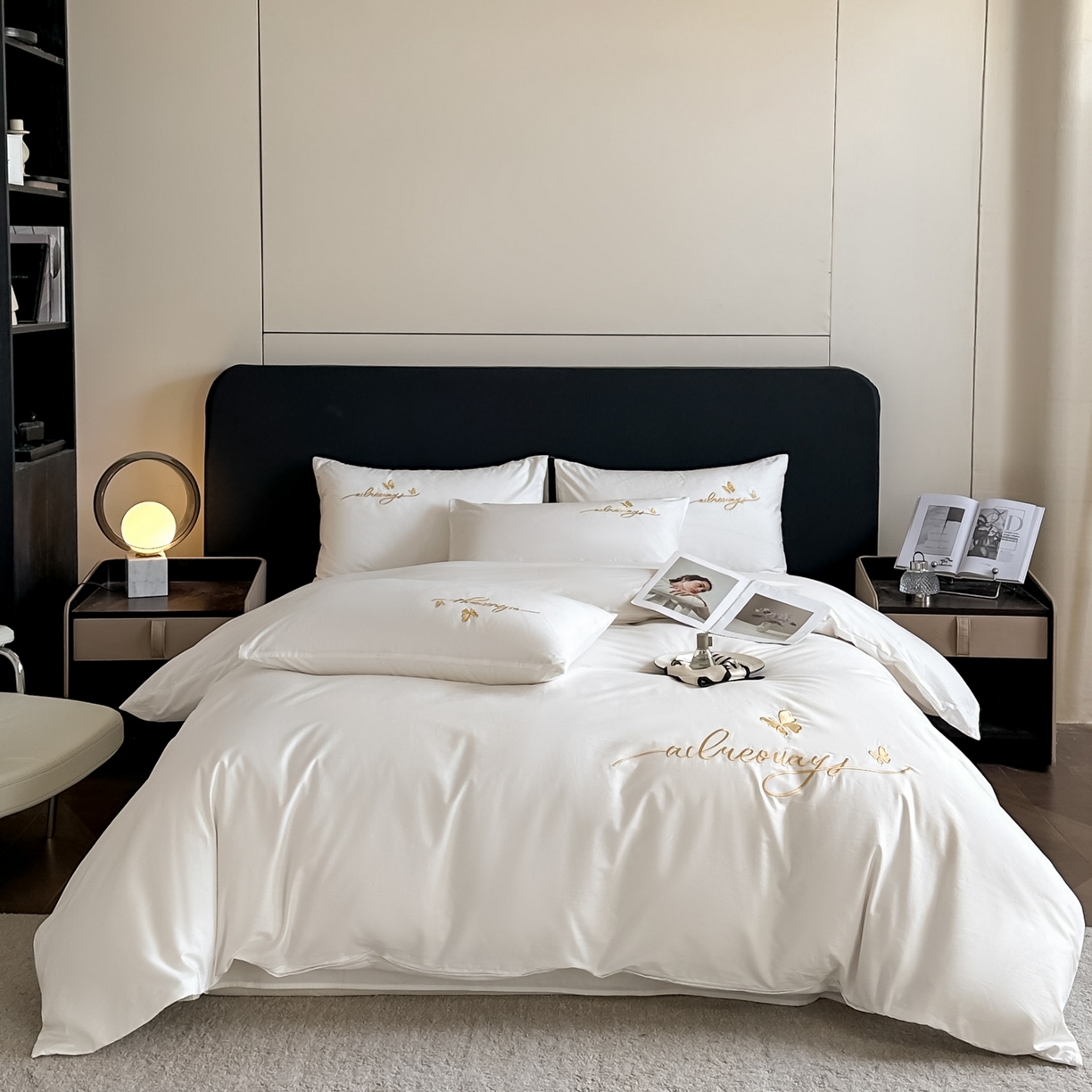 91家纺网 家纺一手货源 找家纺 湘雪家居 2026新款纯棉全棉长绒棉刺绣绣花高端礼盒四件套-蝶恋系列 舞蝶-玉白