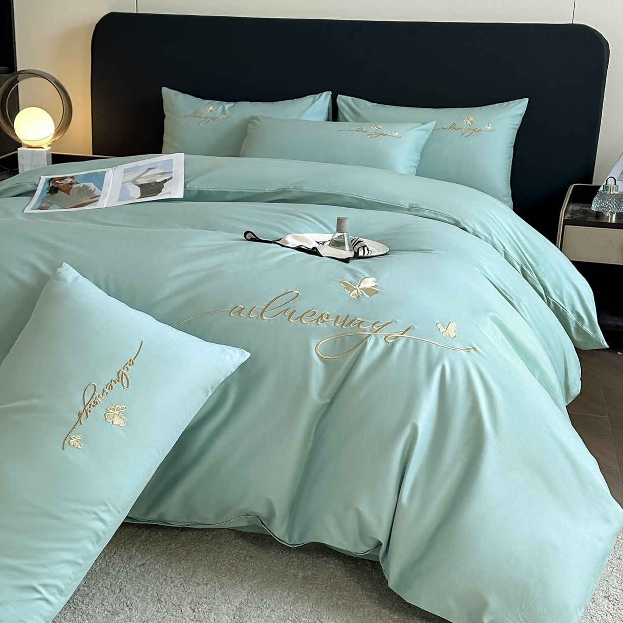 91家纺网 家纺一手货源 找家纺 湘雪家居 2026新款纯棉全棉长绒棉刺绣绣花高端礼盒四件套-蝶恋系列 舞蝶-水绿