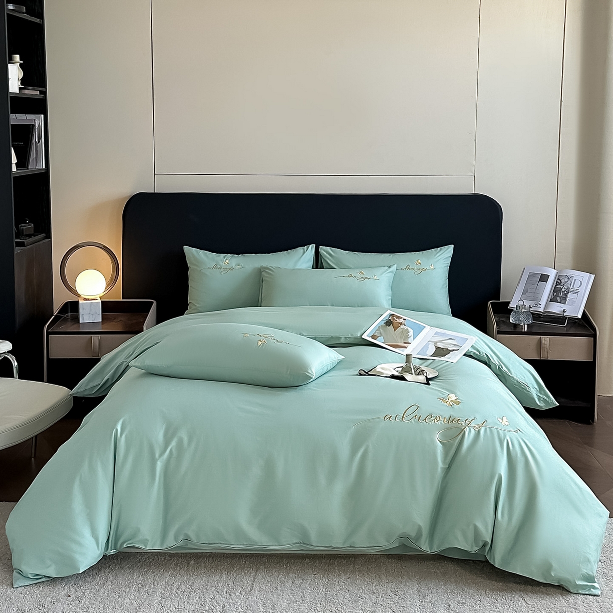 91家纺网 家纺一手货源 找家纺 湘雪家居 2026新款纯棉全棉长绒棉刺绣绣花高端礼盒四件套-蝶恋系列 舞蝶-水绿