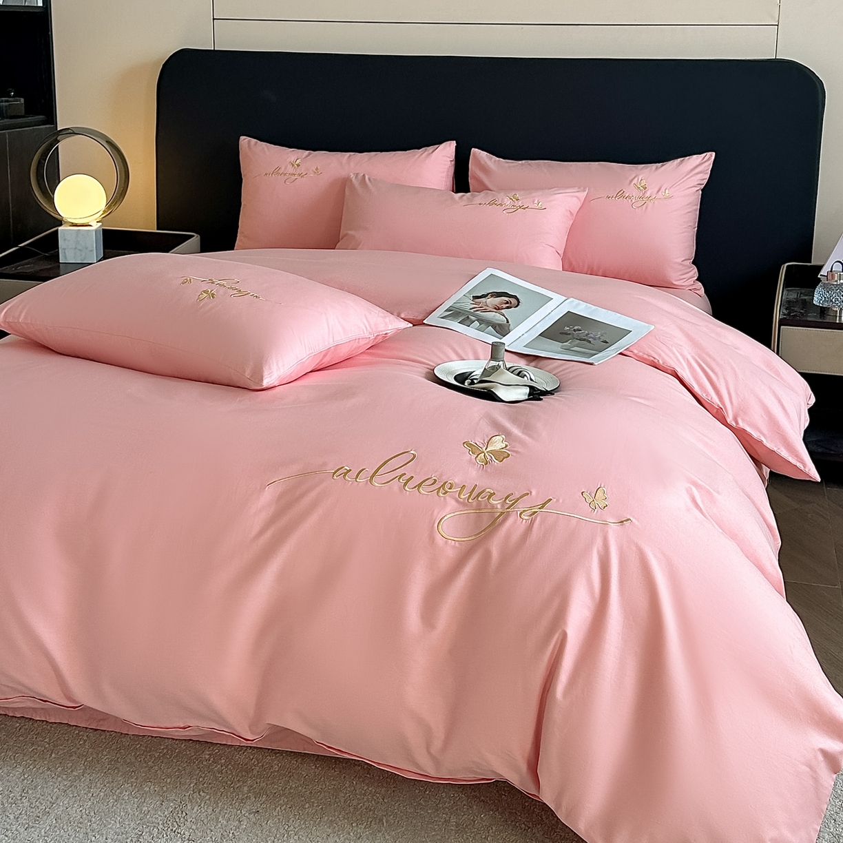 湘雪家居 2026新款纯棉全棉长绒棉刺绣绣花高端礼盒四件套-蝶恋系列 舞蝶-玉粉