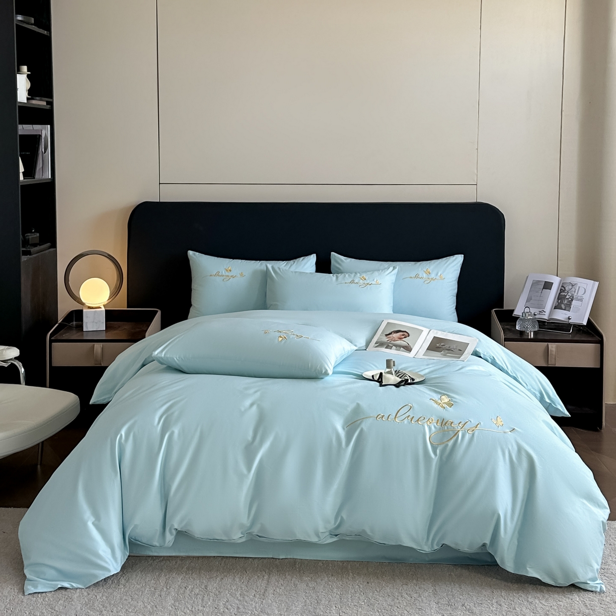 91家纺网 家纺一手货源 找家纺 湘雪家居 2026新款纯棉全棉长绒棉刺绣绣花高端礼盒四件套-蝶恋系列 舞蝶-天青