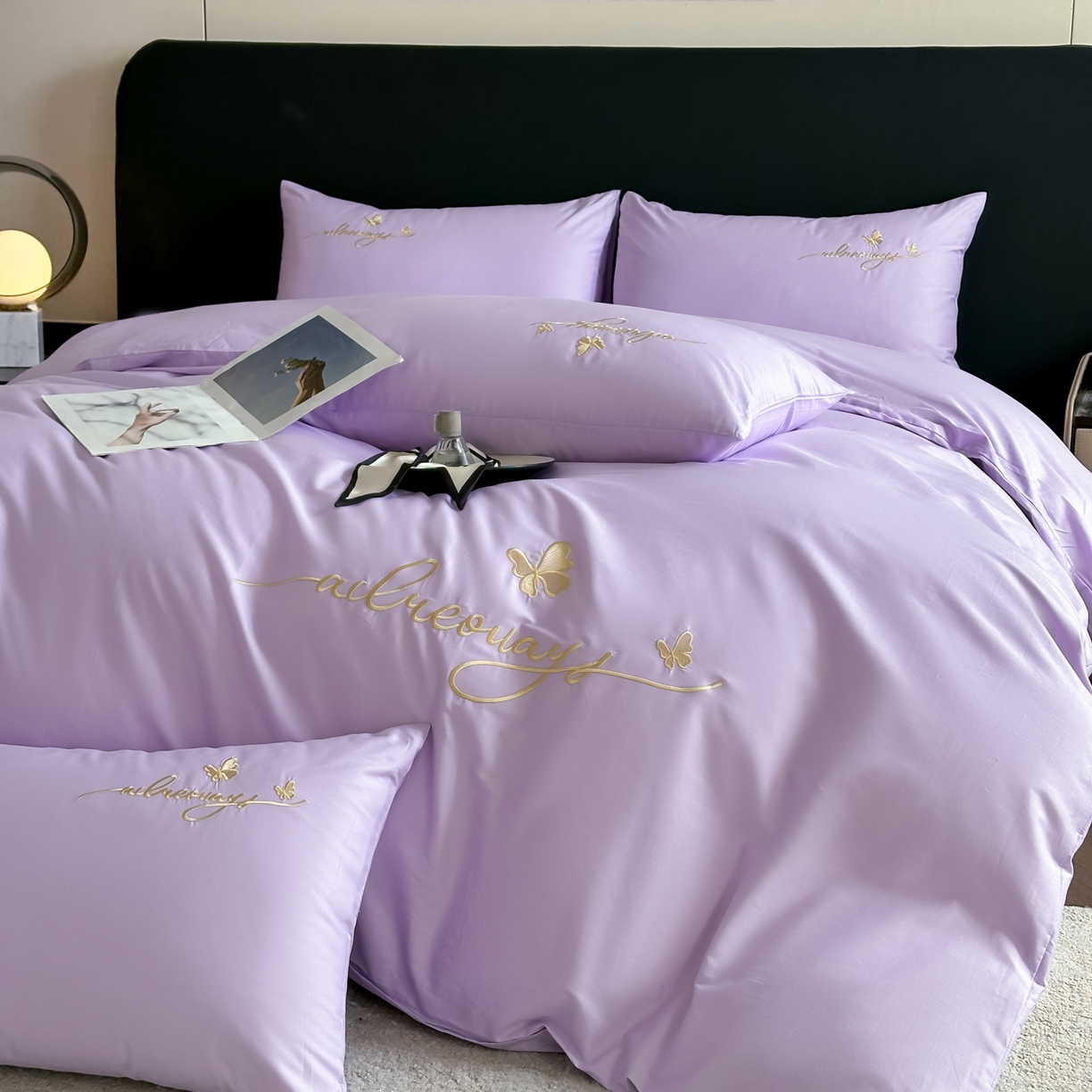 91家纺网 家纺一手货源 找家纺 湘雪家居 2026新款纯棉全棉长绒棉刺绣绣花高端礼盒四件套-蝶恋系列 舞蝶-淡紫