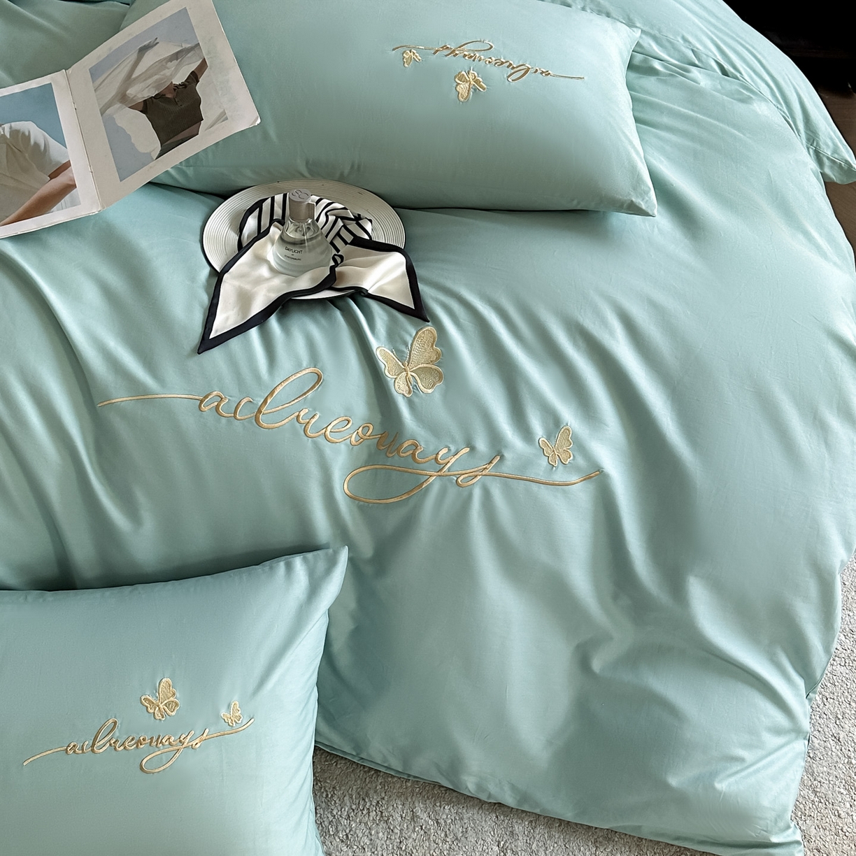 91家纺网 家纺一手货源 找家纺 湘雪家居 2026新款纯棉全棉长绒棉刺绣绣花高端礼盒四件套-蝶恋系列 舞蝶-水绿