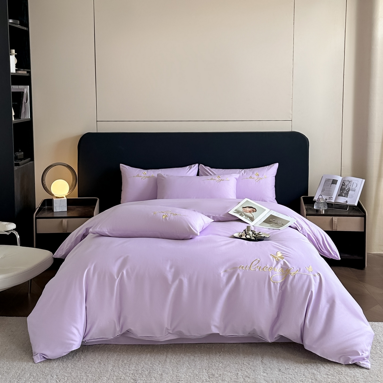 91家纺网 家纺一手货源 找家纺 湘雪家居 2026新款纯棉全棉长绒棉刺绣绣花高端礼盒四件套-蝶恋系列 舞蝶-淡紫