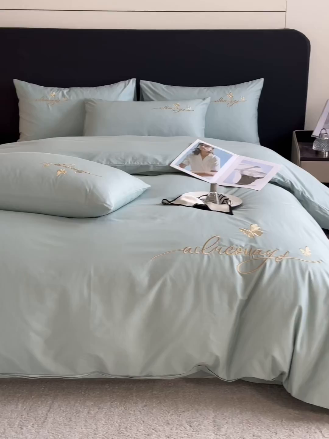 91家纺网 家纺一手货源 找家纺 湘雪家居 2026新款纯棉全棉长绒棉刺绣绣花高端礼盒四件套-蝶恋系列 舞蝶-水绿