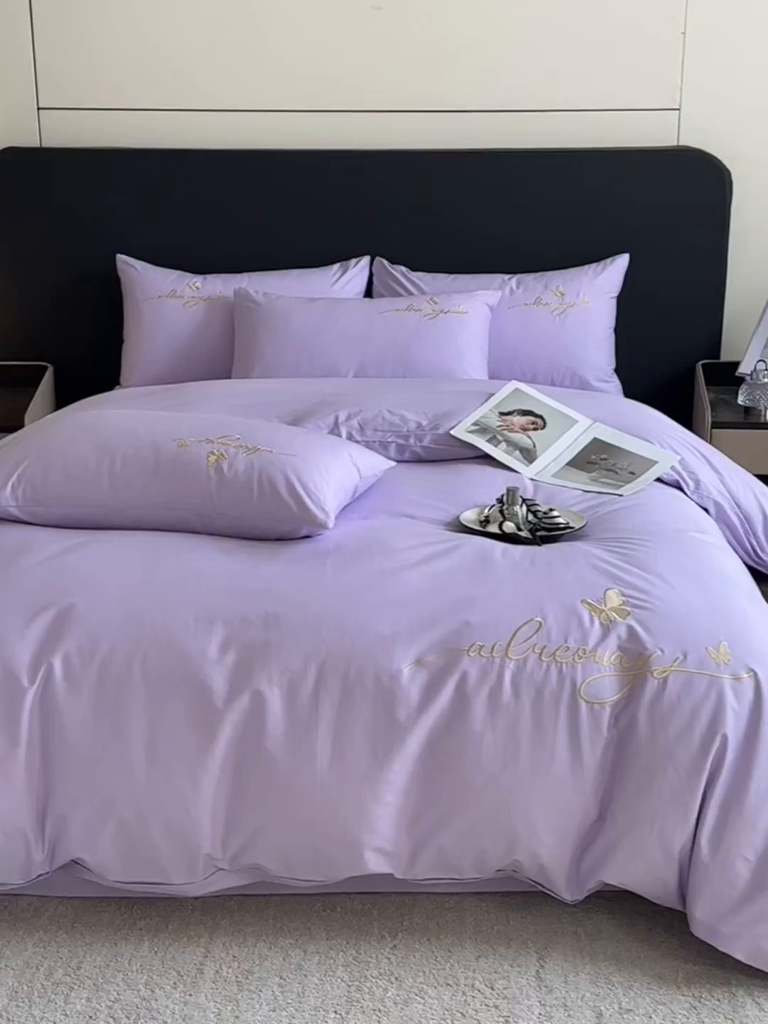 91家纺网 家纺一手货源 找家纺 湘雪家居 2026新款纯棉全棉长绒棉刺绣绣花高端礼盒四件套-蝶恋系列 舞蝶-淡紫