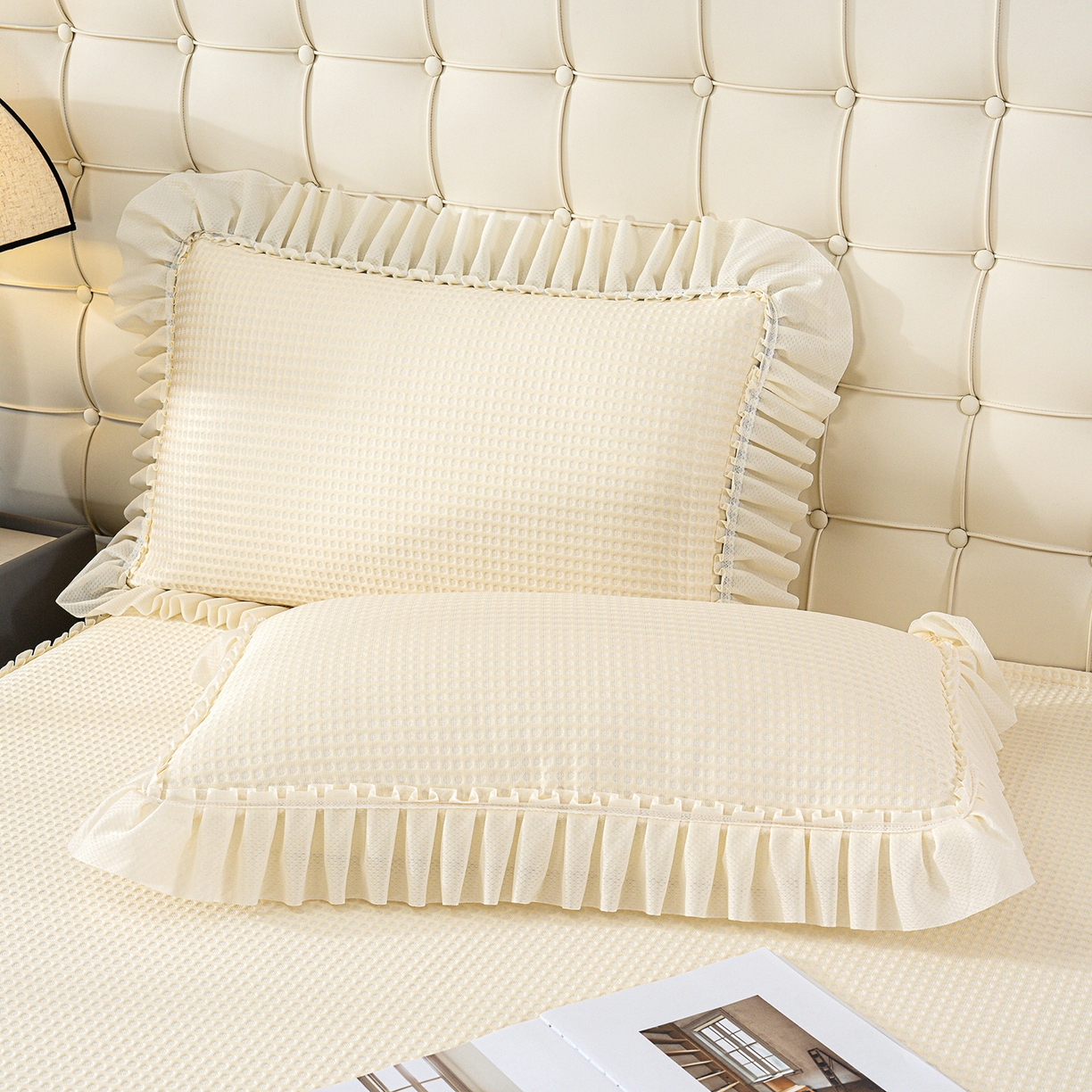 91家纺网 家纺一手货源 找家纺 悦织湾家纺 2026新款床裙款3D华夫格豆豆凉席三件套千鸟阁凉豆豆冰爽夏凉席子三件套 华夫格-米白