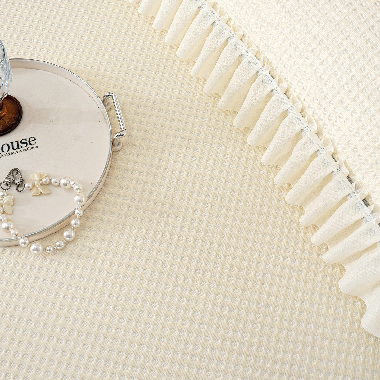 91家纺网 家纺一手货源 找家纺 悦织湾家纺 2026新款床裙款3D华夫格豆豆凉席三件套千鸟阁凉豆豆冰爽夏凉席子三件套 华夫格-米白