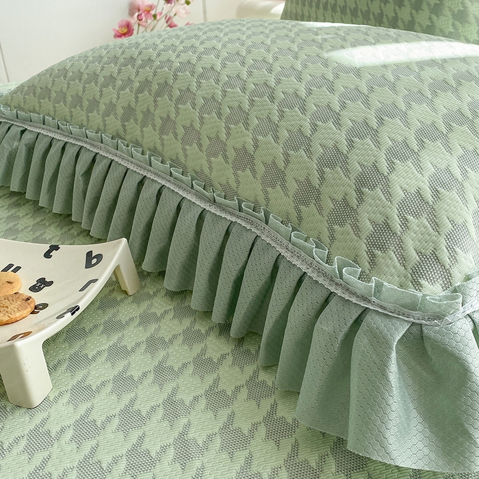 91家纺网 家纺一手货源 找家纺 悦织湾家纺 2026新款床裙款3D华夫格豆豆凉席三件套千鸟阁凉豆豆冰爽夏凉席子三件套 千鸟格-果绿