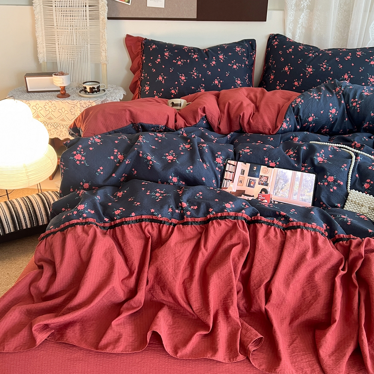 91家纺网 家纺一手货源 找家纺 （总）晨曦家纺 2026新款韩系法式慵懒氛围感印花泡芙花边四件套