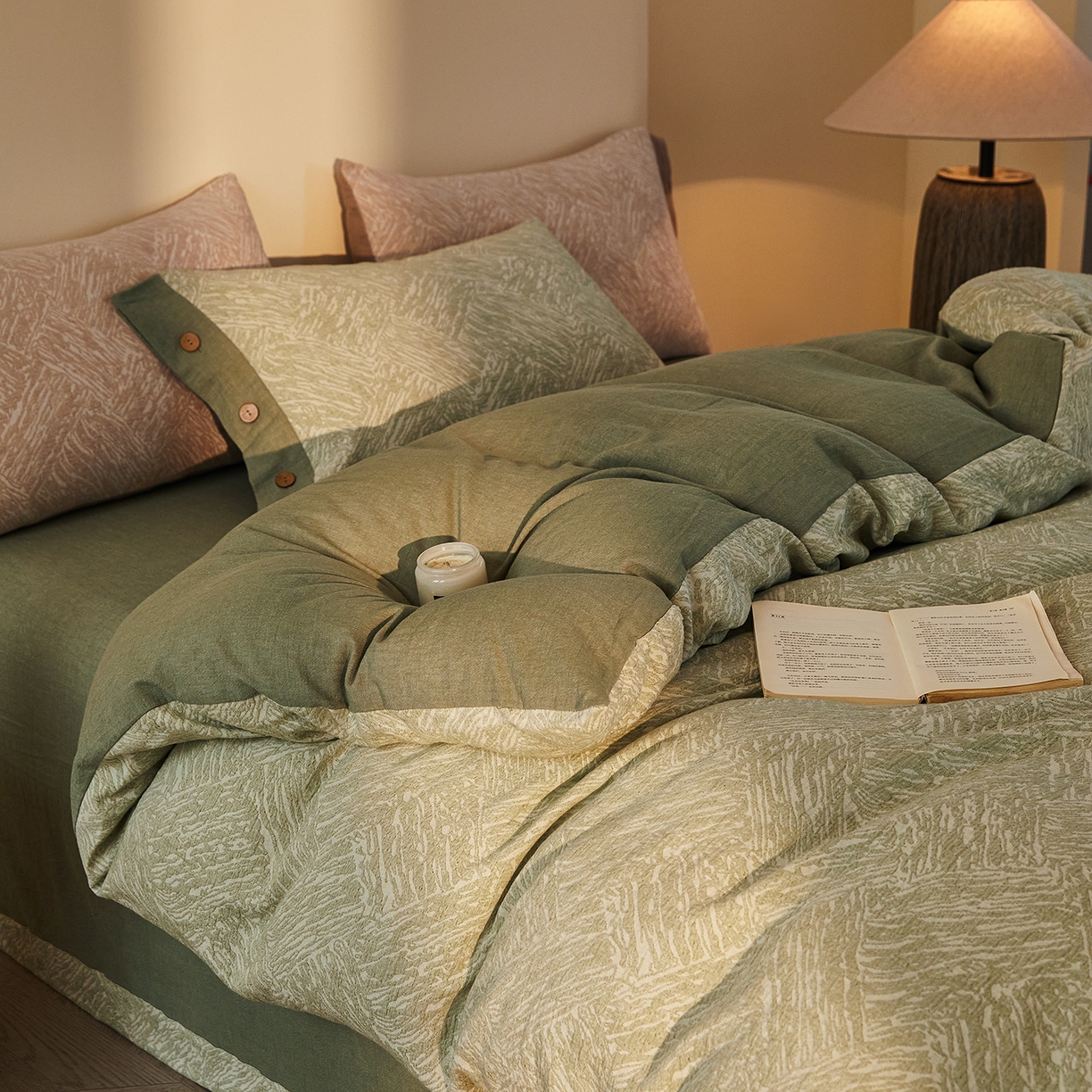 91家纺网 家纺一手货源 找家纺 （总）仰望棉麻双层纱供应链 2026新款迷雾之城一花三色全棉色织提花双层纱纽扣款四件套