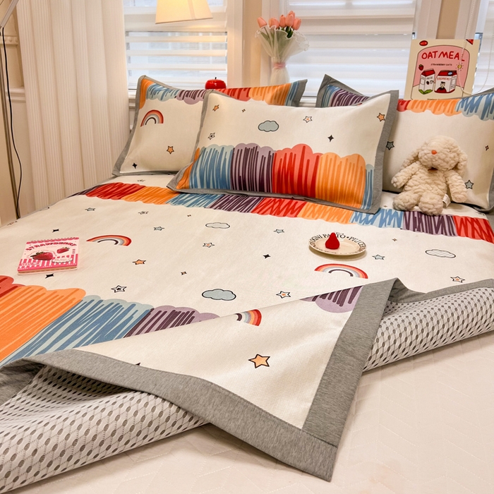 91家纺网 家纺一手货源 找家纺 懒猫家纺 2026新款600D数码印花冰丝凉席系列 多彩世界