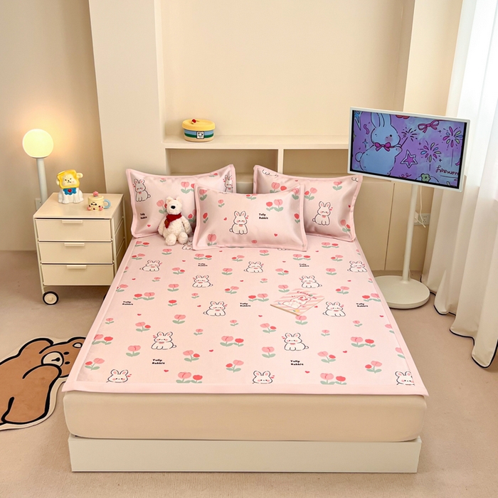 懒猫家纺 2026新款600D数码印花冰丝凉席系列 郁金香小兔