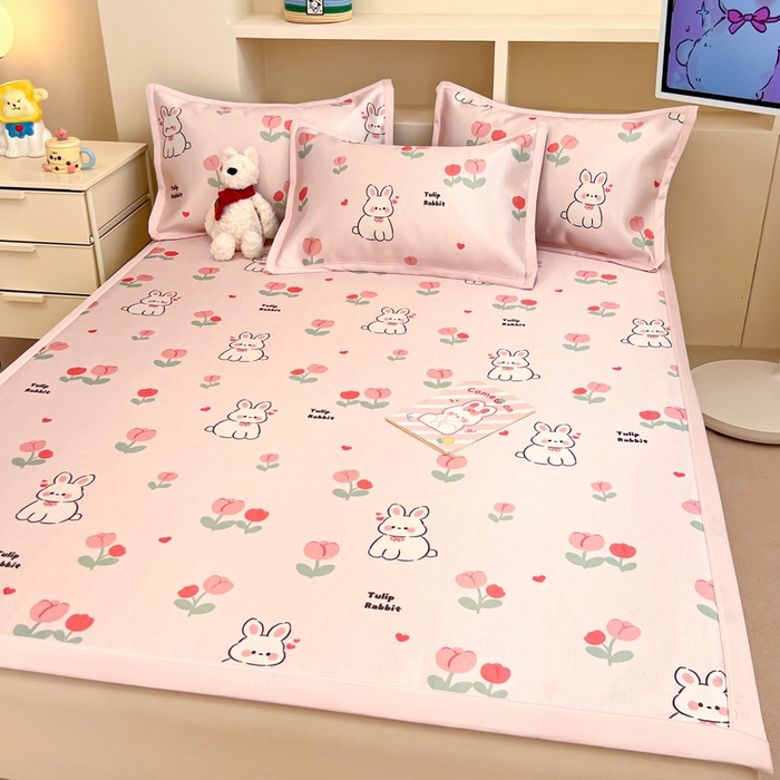 91家纺网 家纺一手货源 找家纺 懒猫家纺 2026新款600D数码印花冰丝凉席系列 郁金香小兔